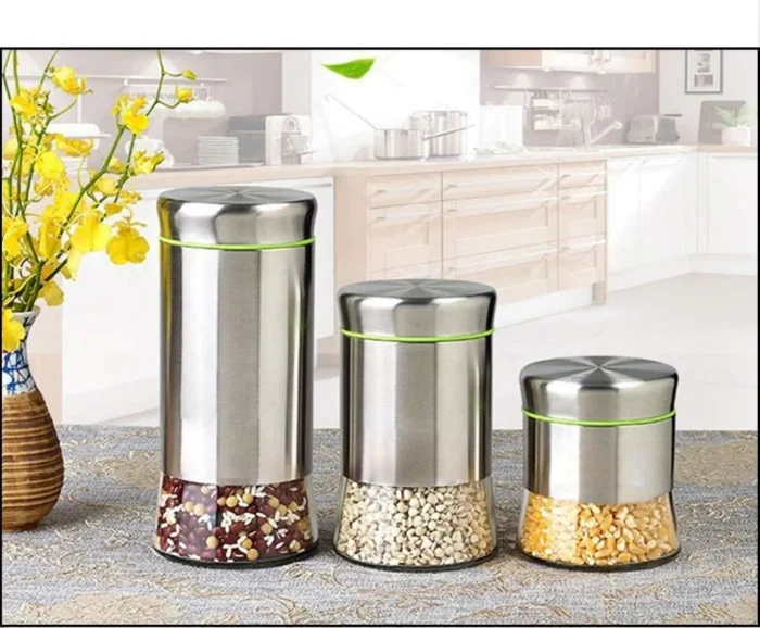 Set for Kitchen Stainless Steel Canister Glass Jar with Lid