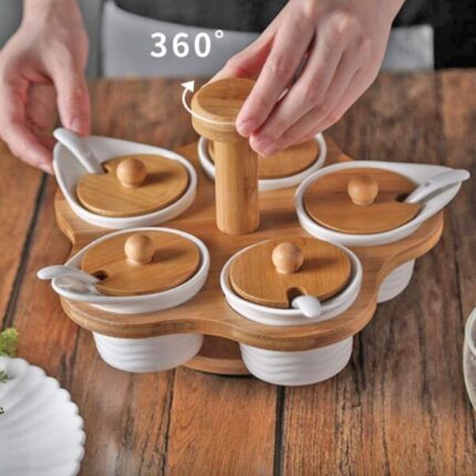 Ceramic Condiment Jars Set with Spoons & Bamboo Lids