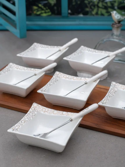 White Gold Porcelain Snack Bowl Set & Spoons