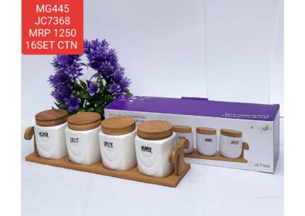 Ceramic Coffee, Sugar Canister Set with Wooden Stand Tray